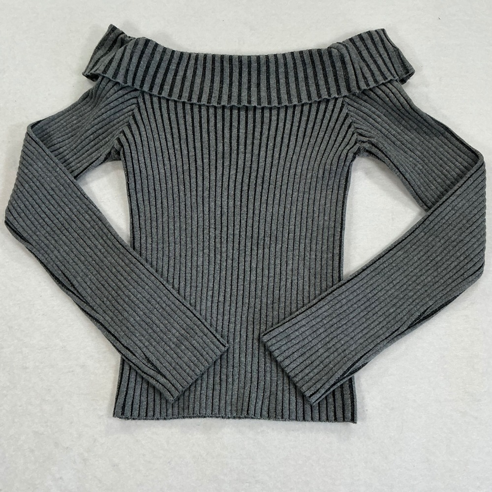 Double Zero Grey Ribbed Off the Shoulder Sweater Long Sleeve DZ25E172 Large